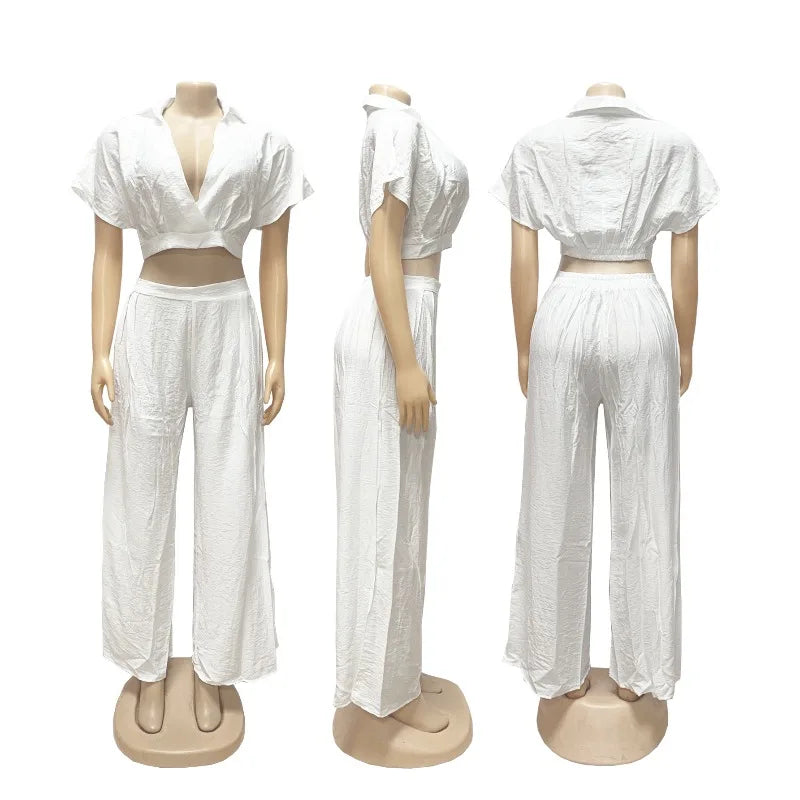 2 Piece Set for Woman Outfit Summer Clothes Holiday Crop Top and Wide Leg Pants