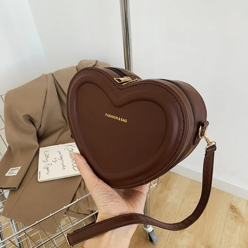 Solid Color Pu Leather Shoulder Bags Heart Shape Crossbody