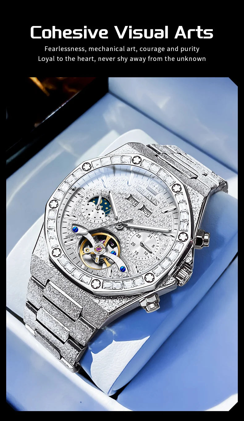 OLEVS Gold Steel Mens Watches Top Brand Automatic Mechanical Luxury Watch