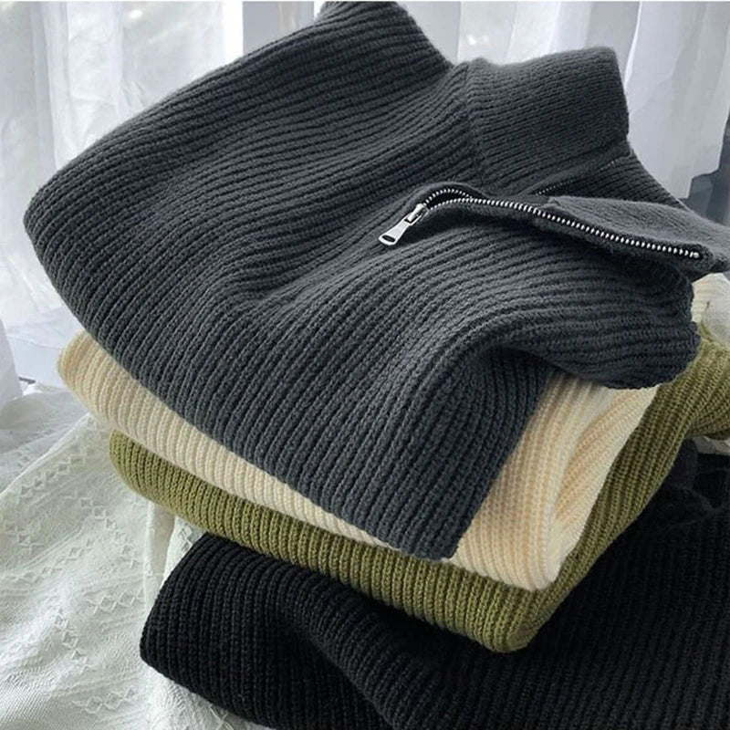 Zipper Turtleneck MEN Knitted Sweatshirt Korean Loose Lazy Style Solid Sweater