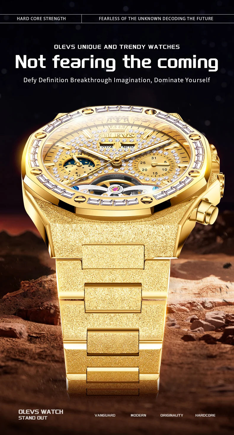 OLEVS Gold Steel Mens Watches Top Brand Automatic Mechanical Luxury Watch