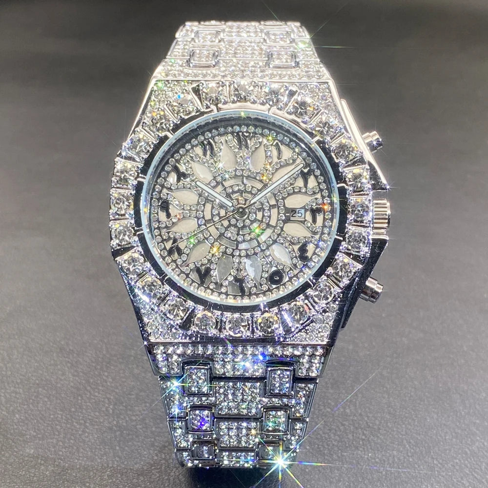 Luxury Gold Men Watch Waterproof Stainless Steel Iced Bracelet Full Diamond