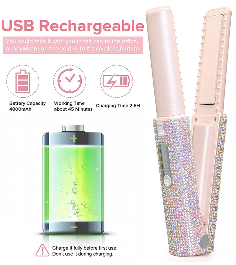 Electric USB Hair Straightener Curler Fashion Colored Diamond Design Wireless