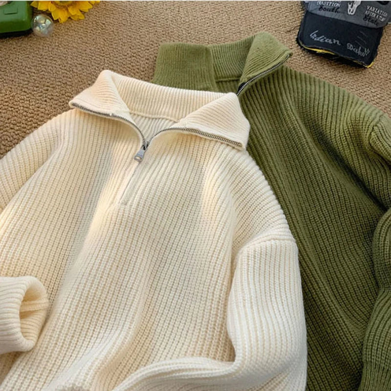 Zipper Turtleneck MEN Knitted Sweatshirt Korean Loose Lazy Style Solid Sweater