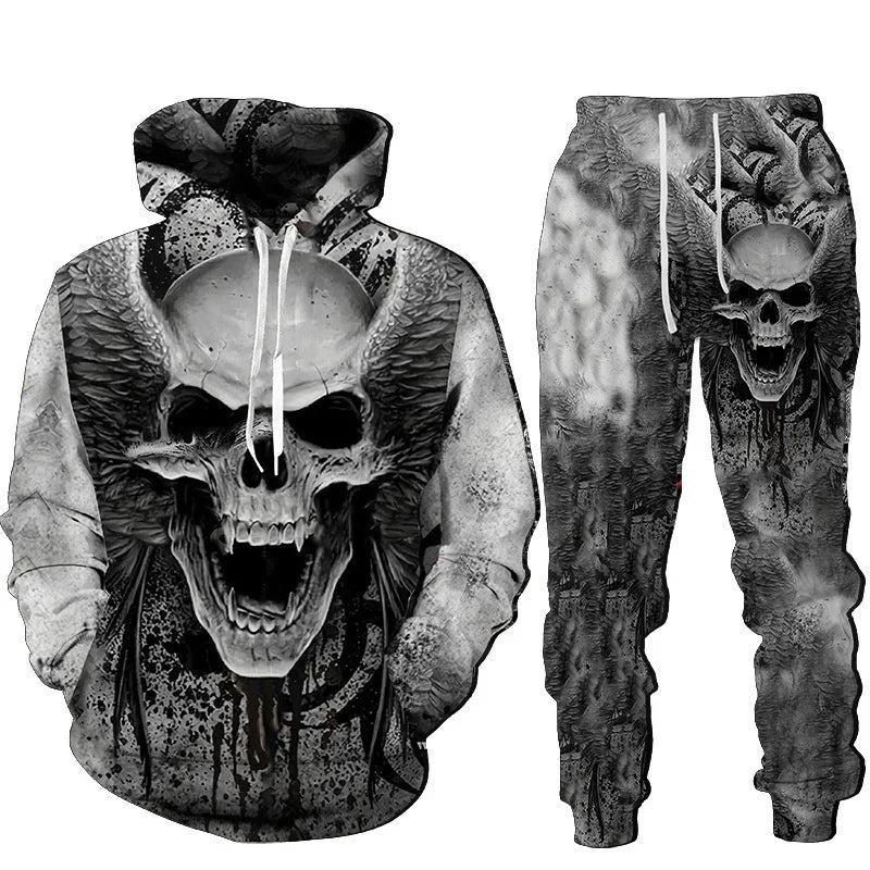 Men Punk Hoodie Suit Skull 3D Print Tracksuit/Pants Goth Skeletons Pullover