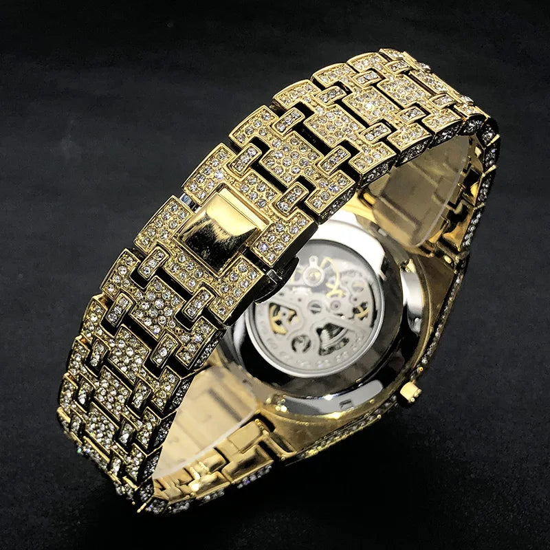 Luxury Full Ice Out  Hip Hop Tourbillon Watches Bling Diamond Gold Male