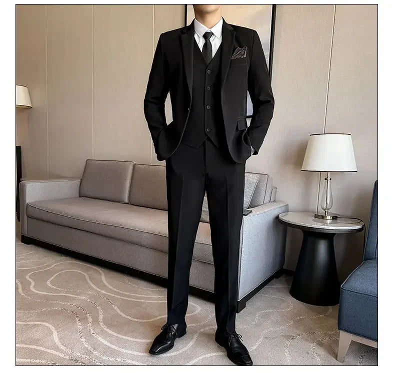 Black Mens Office Suit 3 Piece, Fashion Slim Fit Jackets and Vest with Trousers