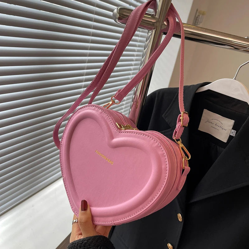 Solid Color Pu Leather Shoulder Bags Heart Shape Crossbody