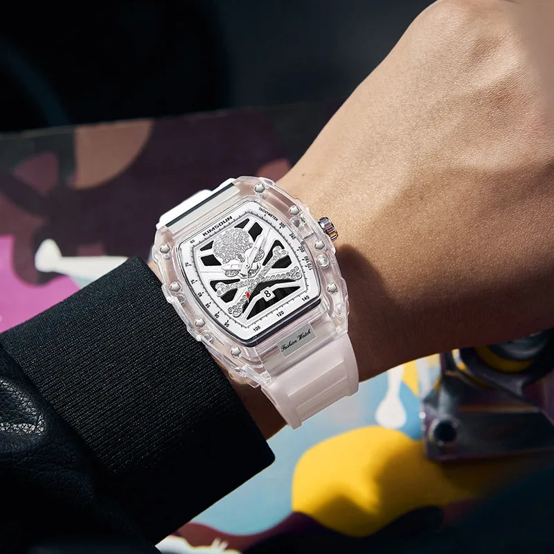 Aa fantastic watch, barrel shaped skull shaped transparent quartz watch