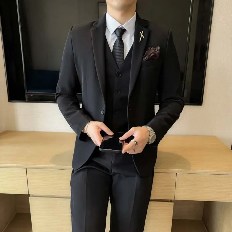 Black Mens Office Suit 3 Piece, Fashion Slim Fit Jackets and Vest with Trousers