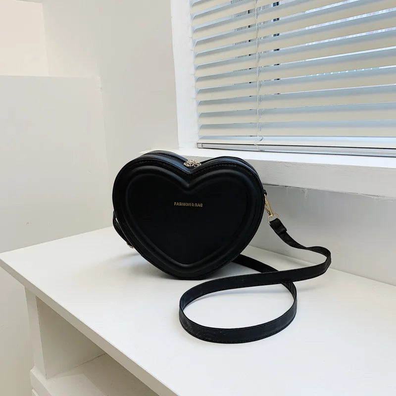 Solid Color Pu Leather Shoulder Bags Heart Shape Crossbody