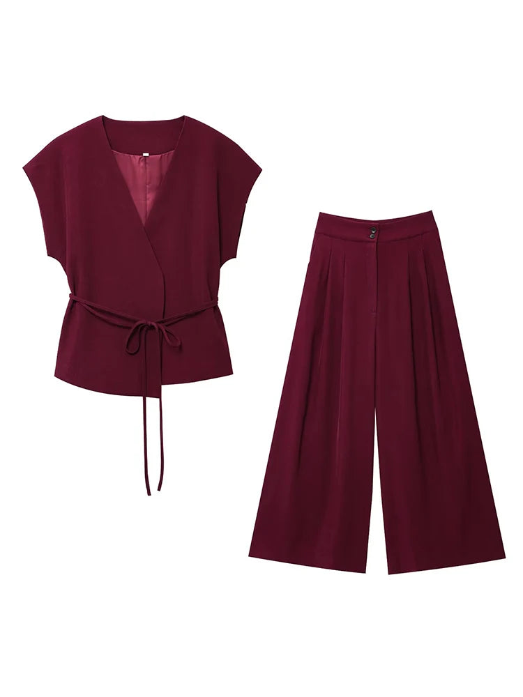 TFMLN Fashion Women's Trouser Suits V-Neck Top with Belt Straight Pants Sets
