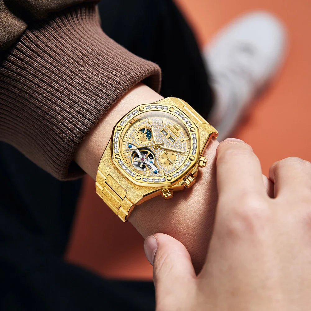 OLEVS Gold Steel Mens Watches Top Brand Automatic Mechanical Luxury Watch