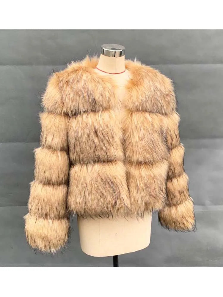 ZADORIN Woman Fashion Faux Raccoon Fur Coat Luxury Short Warm
