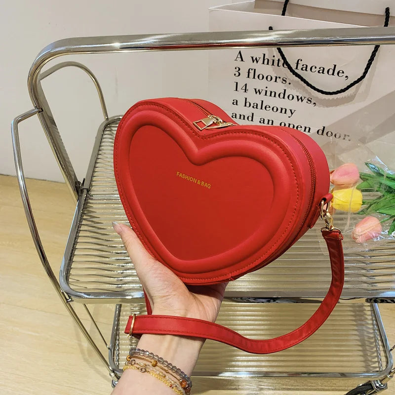 Solid Color Pu Leather Shoulder Bags Heart Shape Crossbody