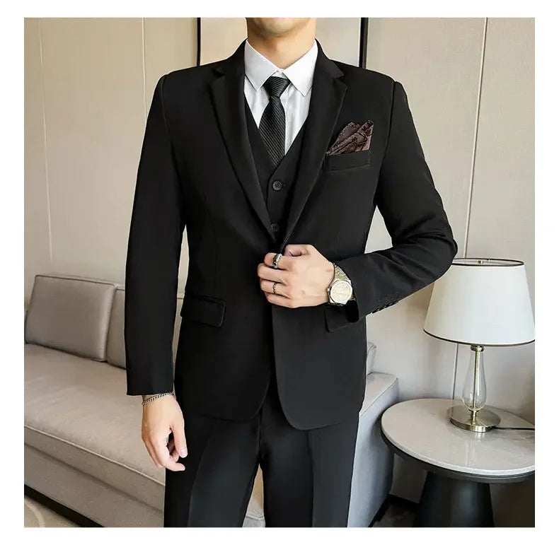 Black Mens Office Suit 3 Piece, Fashion Slim Fit Jackets and Vest with Trousers