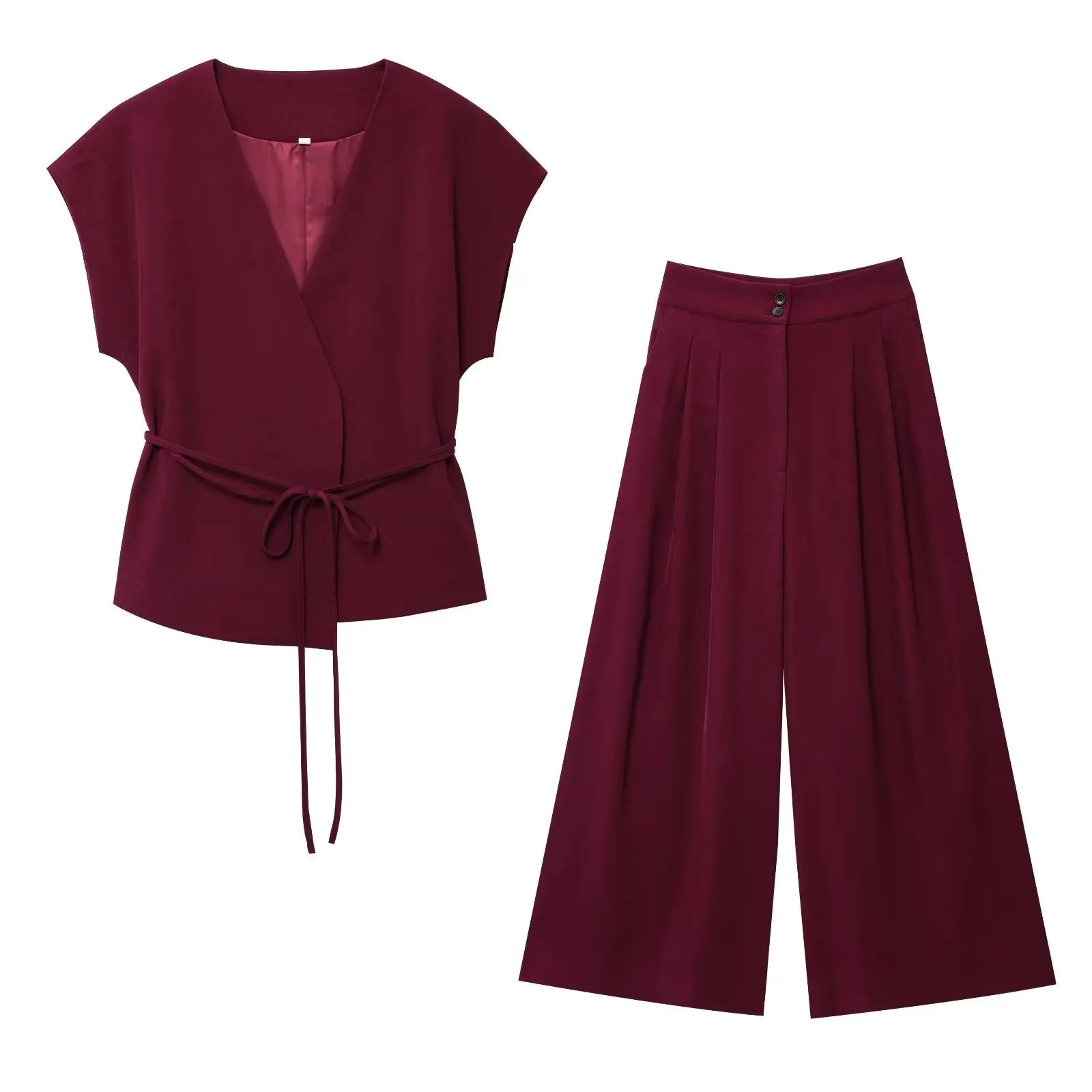 TFMLN Fashion Women's Trouser Suits V-Neck Top with Belt Straight Pants Sets
