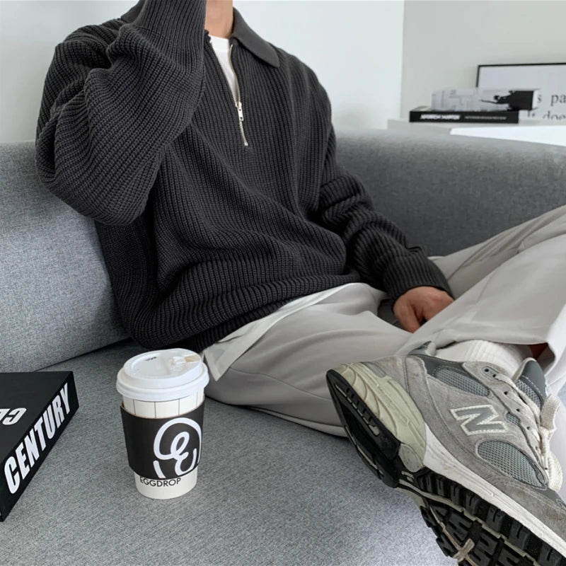 Men Warm Fashion Casual Knit Pullover Men Korean Loose Zipper Long Sleeve