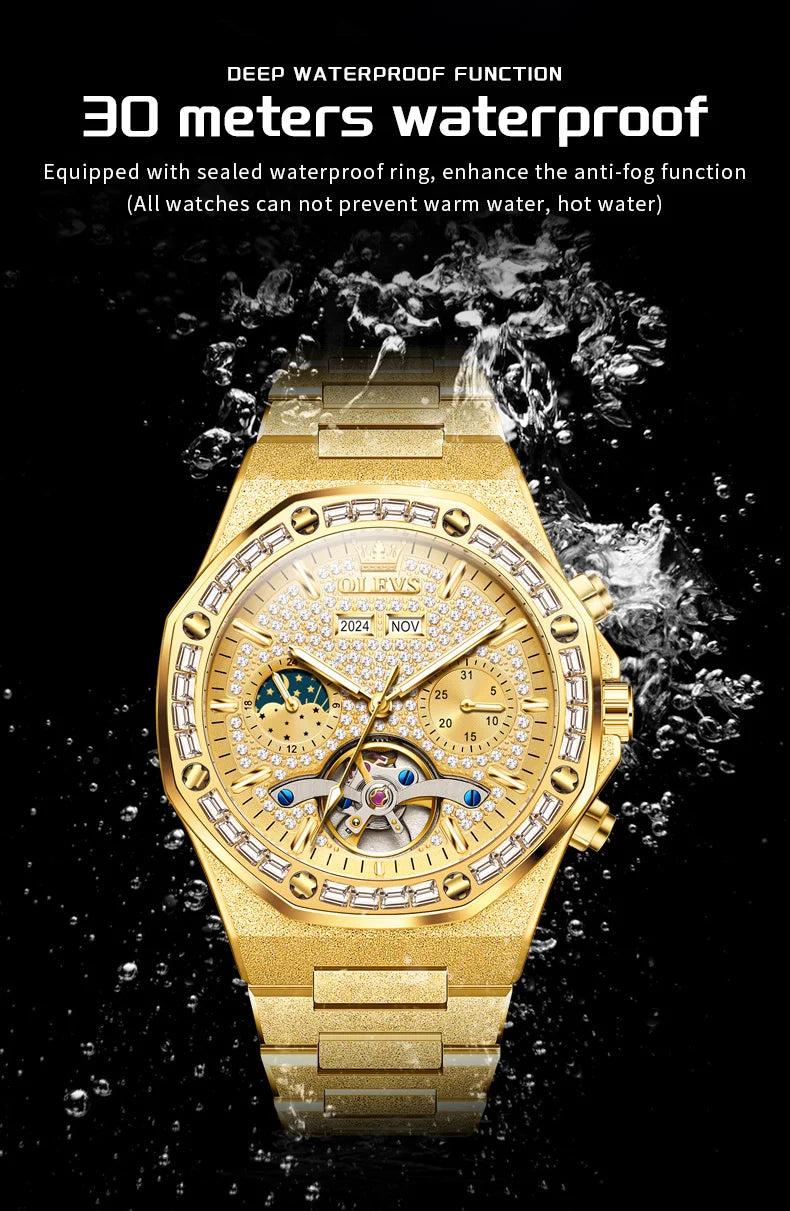 OLEVS Gold Steel Mens Watches Top Brand Automatic Mechanical Luxury Watch