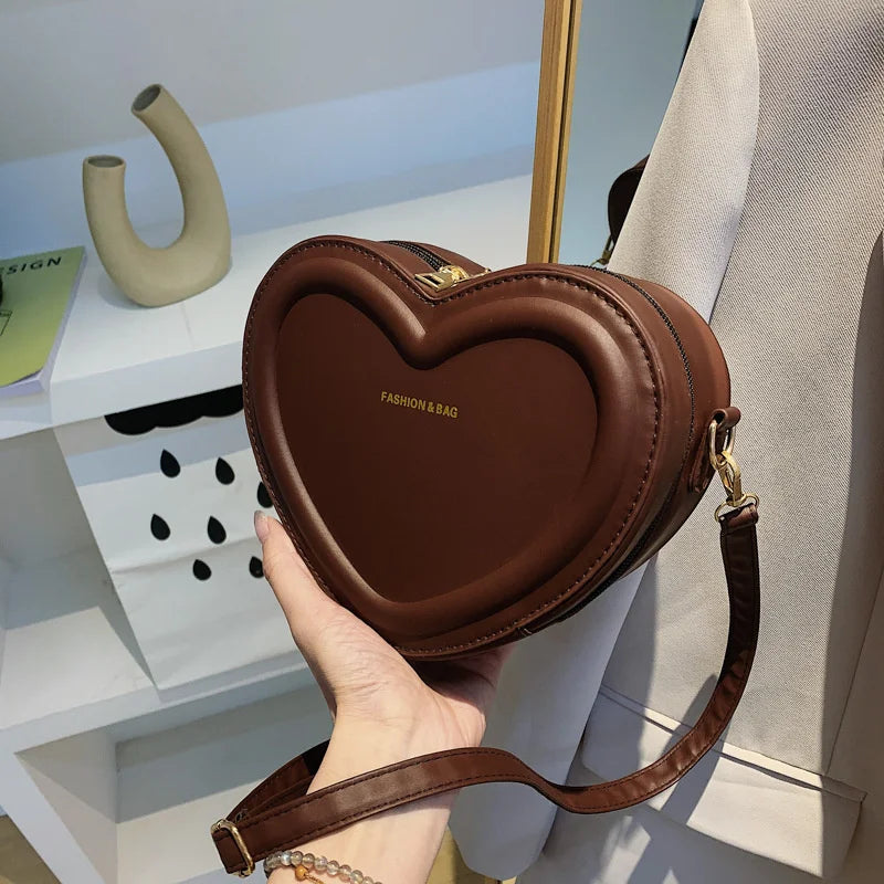 Solid Color Pu Leather Shoulder Bags Heart Shape Crossbody