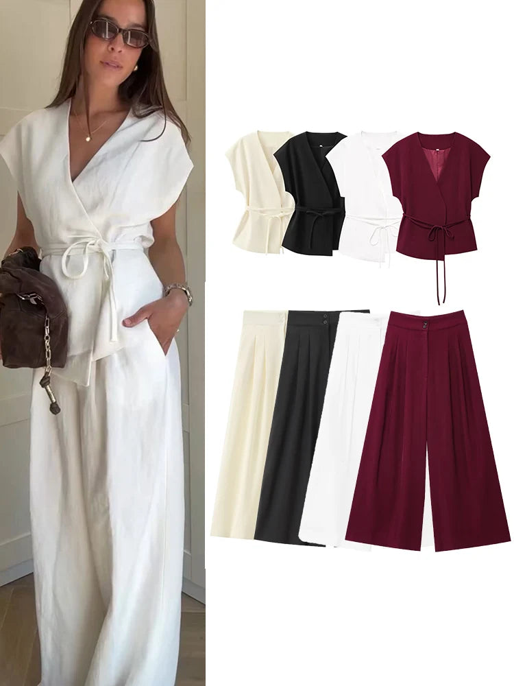 TFMLN Fashion Women's Trouser Suits V-Neck Top with Belt Straight Pants Sets