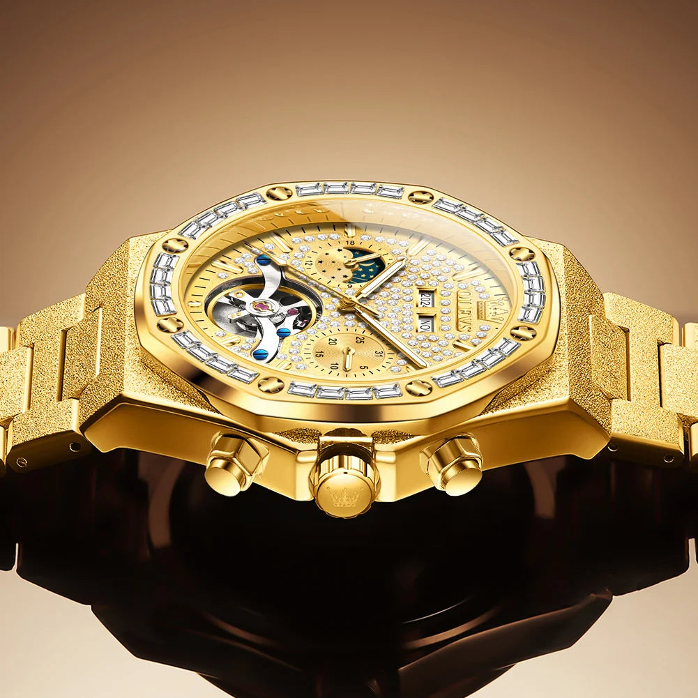 OLEVS Gold Steel Mens Watches Top Brand Automatic Mechanical Luxury Watch
