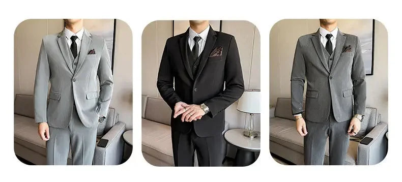 Black Mens Office Suit 3 Piece, Fashion Slim Fit Jackets and Vest with Trousers