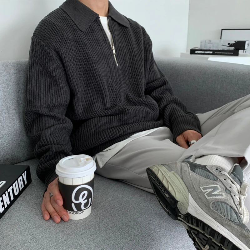 Men Warm Fashion Casual Knit Pullover Men Korean Loose Zipper Long Sleeve