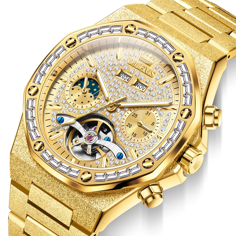 OLEVS Gold Steel Mens Watches Top Brand Automatic Mechanical Luxury Watch