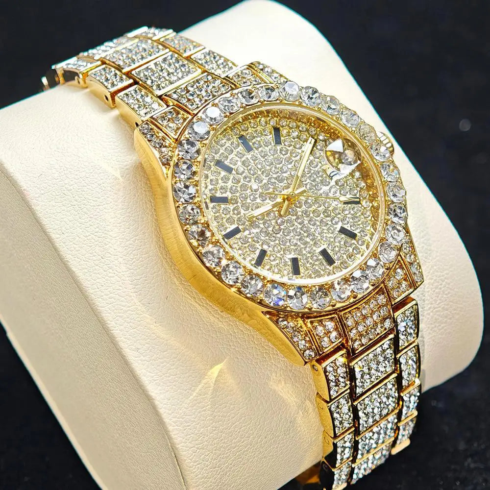 Fashion Gold Watches Women Luxury Stainless Steel Elegant Iced Diamond Jewelry