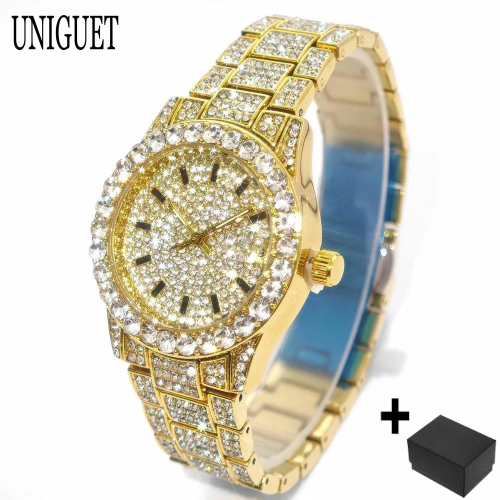 Fashion Gold Watches Women Luxury Stainless Steel Elegant Iced Diamond Jewelry
