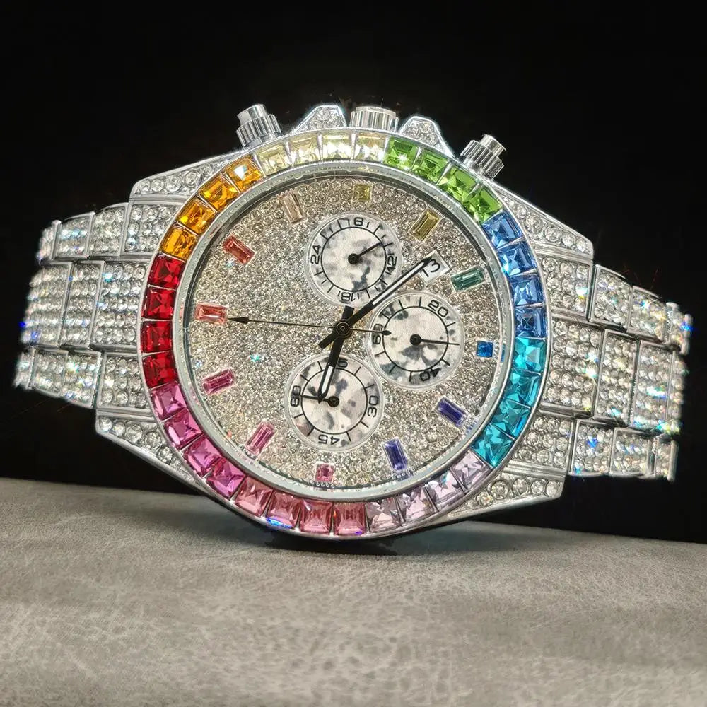 Gold Watch For Men Brand UNIGUET Hip Hop Rainbow Diamond shiny Jewelry