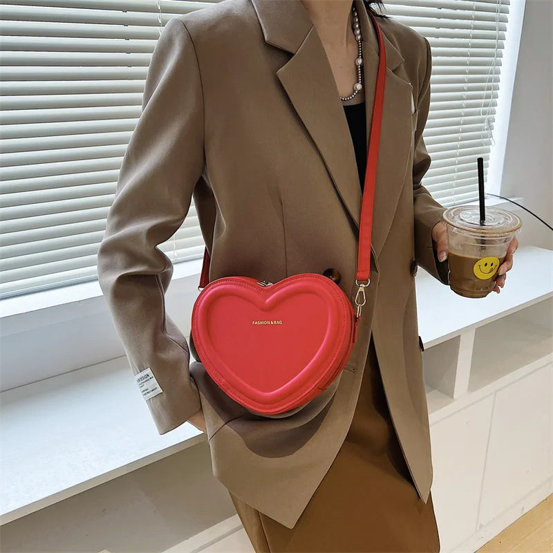 Solid Color Pu Leather Shoulder Bags Heart Shape Crossbody