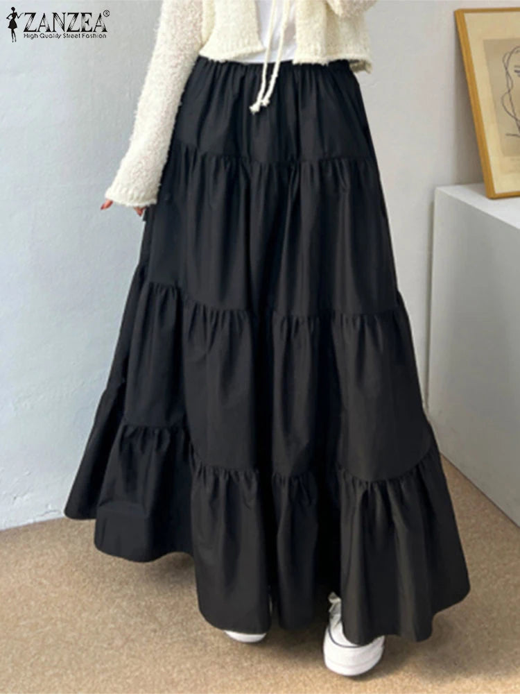 ZANZEA Women Casual Tiered Maxi Skirt Korean Fashion Elastic