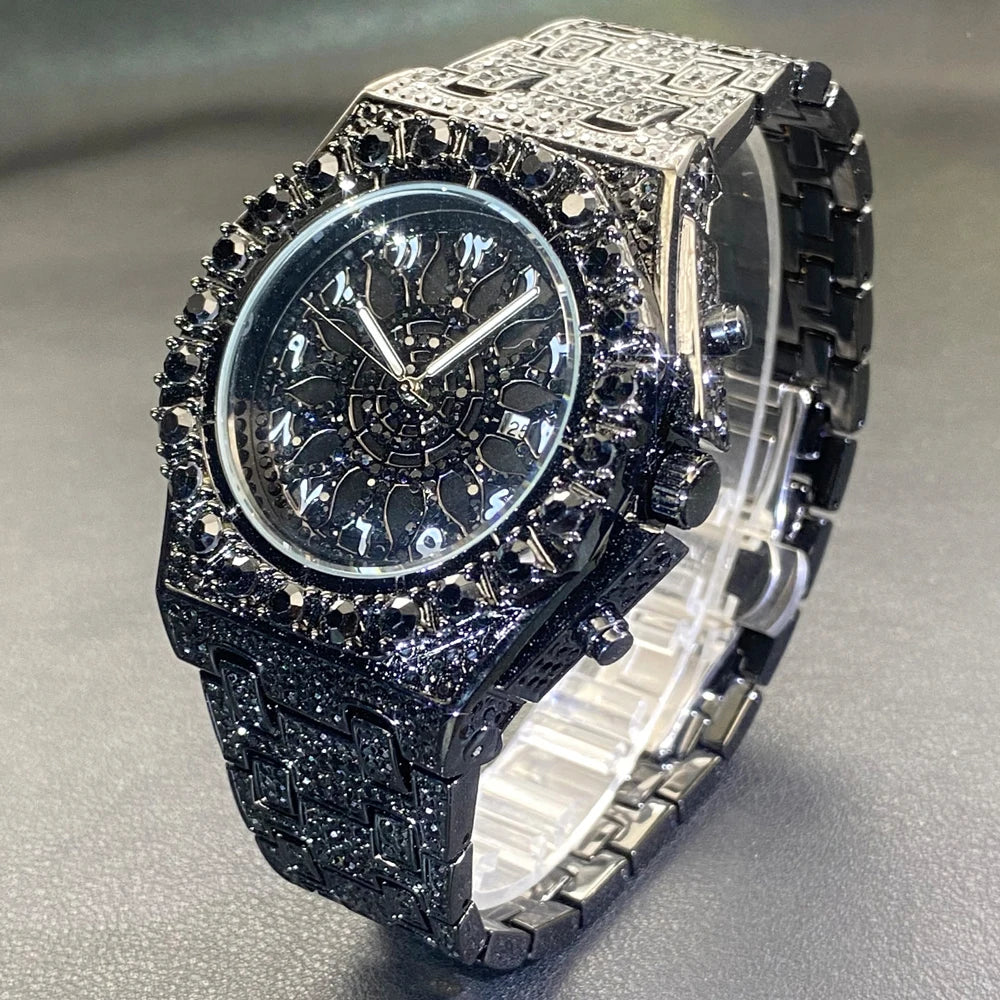 Luxury Gold Men Watch Waterproof Stainless Steel Iced Bracelet Full Diamond