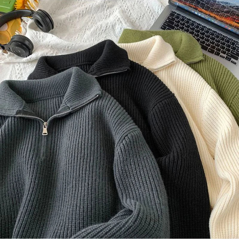 Zipper Turtleneck MEN Knitted Sweatshirt Korean Loose Lazy Style Solid Sweater