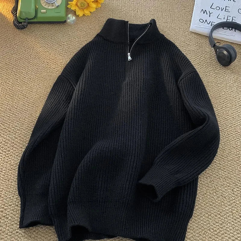 Zipper Turtleneck MEN Knitted Sweatshirt Korean Loose Lazy Style Solid Sweater