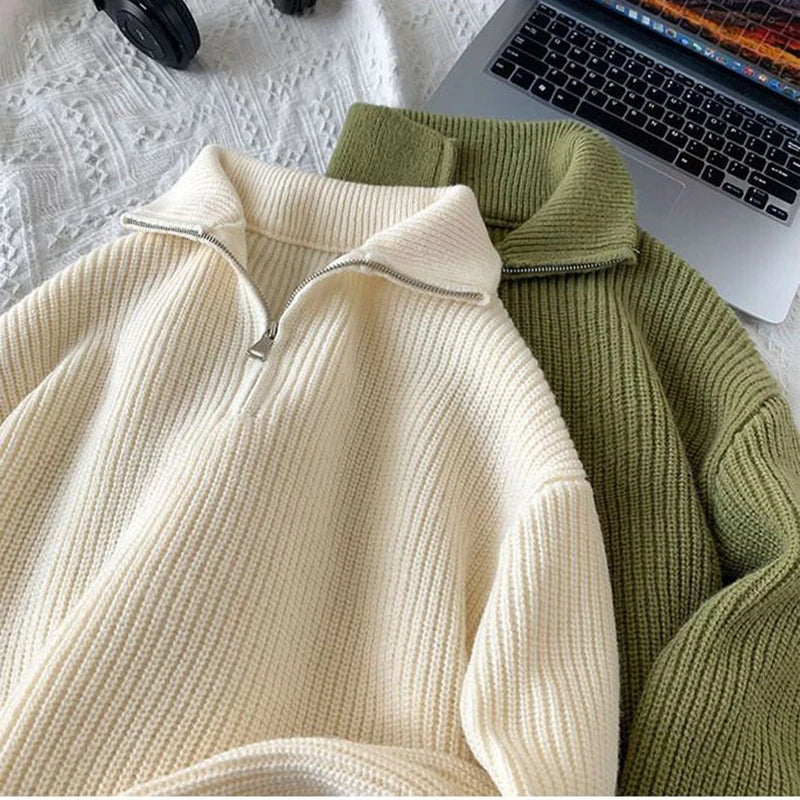 Zipper Turtleneck MEN Knitted Sweatshirt Korean Loose Lazy Style Solid Sweater
