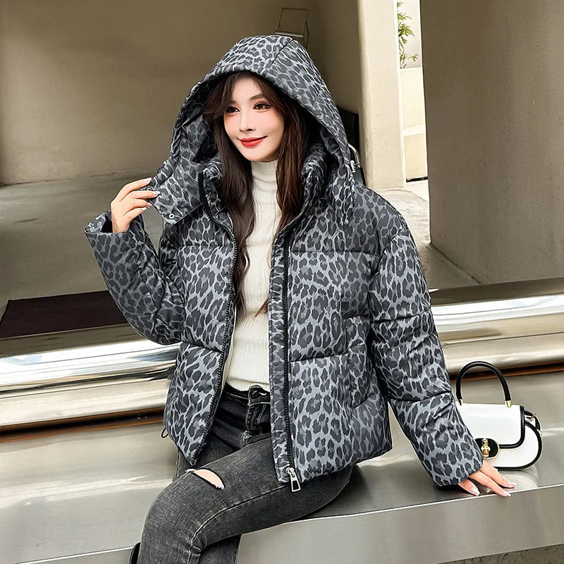 Jacket Women Parkas Hooded Leopard Warm Winter Casual Female Overcoat