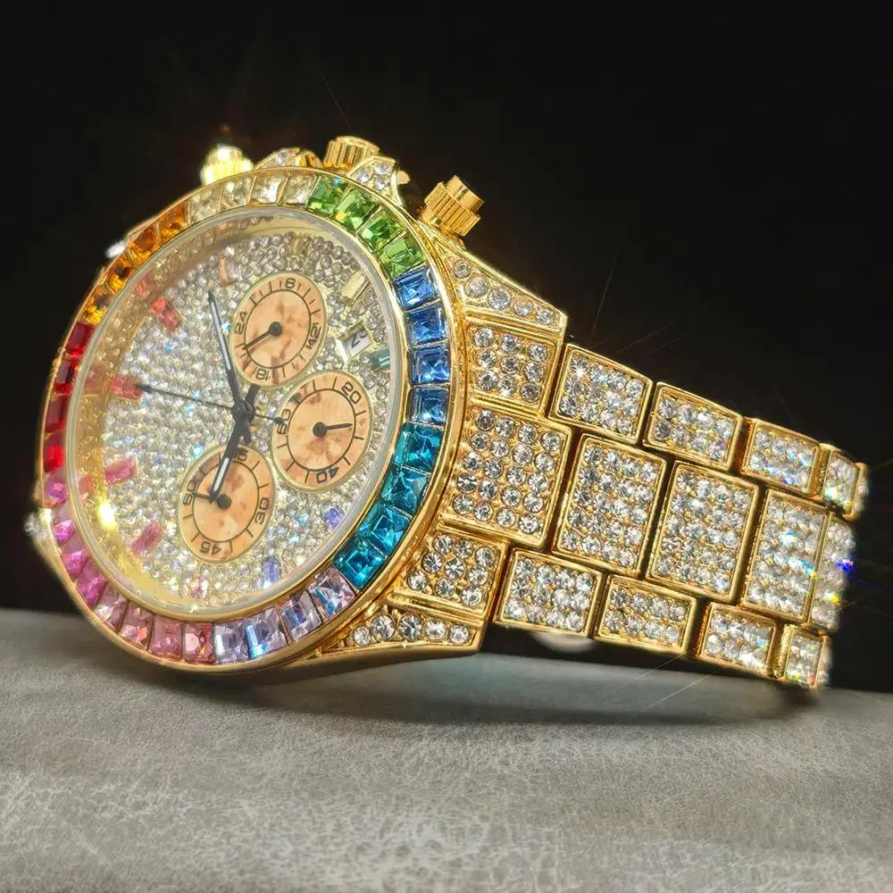 Gold Watch For Men Brand UNIGUET Hip Hop Rainbow Diamond shiny Jewelry