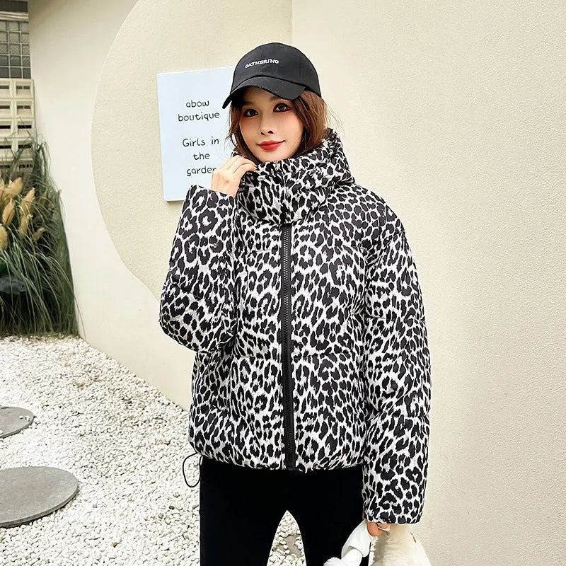 Jacket Women Parkas Hooded Leopard Warm Winter Casual Female Overcoat
