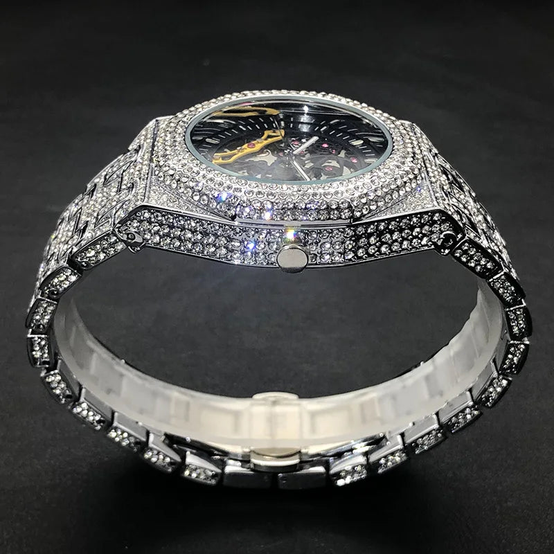 Luxury Full Ice Out  Hip Hop Tourbillon Watches Bling Diamond Gold Male