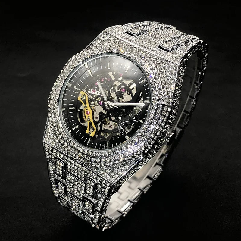 Luxury Full Ice Out  Hip Hop Tourbillon Watches Bling Diamond Gold Male
