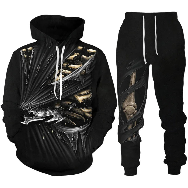 Men Punk Hoodie Suit Skull 3D Print Tracksuit/Pants Goth Skeletons Pullover