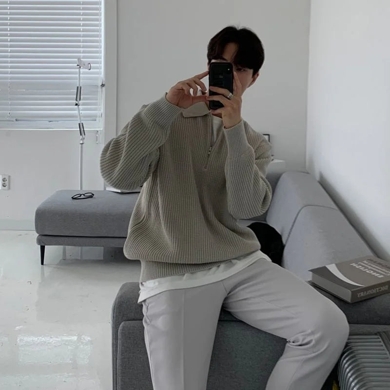 Men Warm Fashion Casual Knit Pullover Men Korean Loose Zipper Long Sleeve