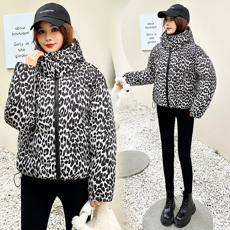 Jacket Women Parkas Hooded Leopard Warm Winter Casual Female Overcoat