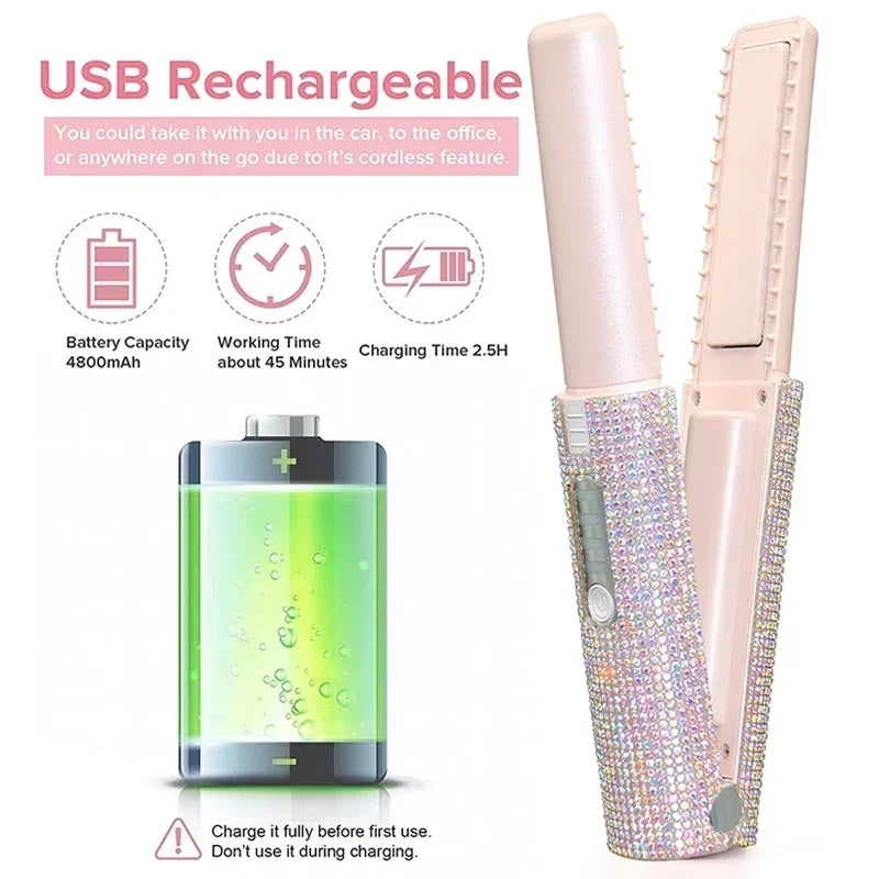 Electric USB Hair Straightener Curler Fashion Colored Diamond Design Wireless