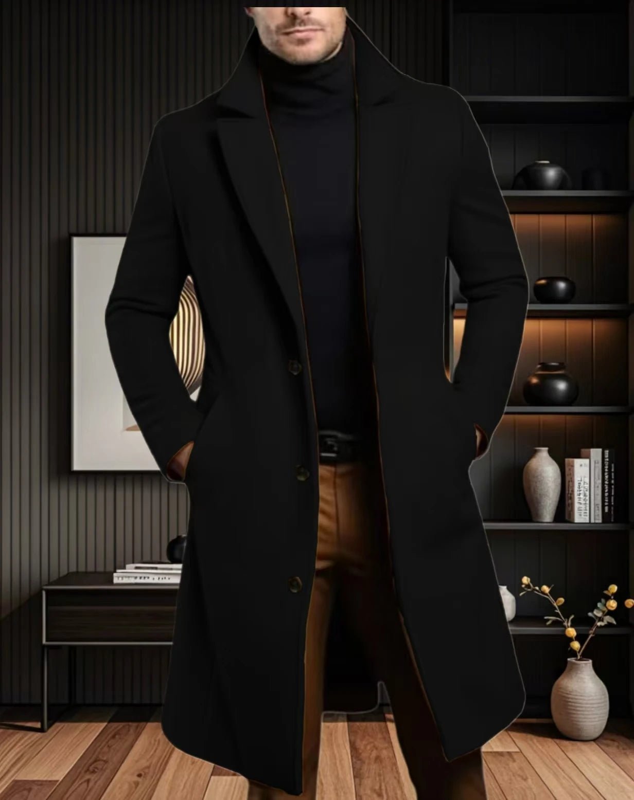 Men Coat Stylish Warm and Comfortable Black Trench