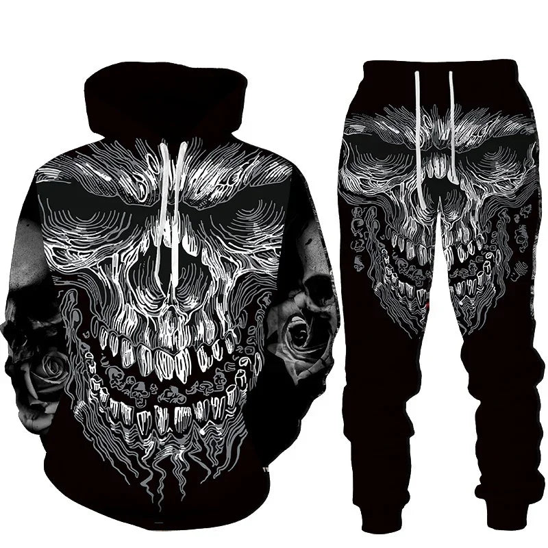 Men Punk Hoodie Suit Skull 3D Print Tracksuit/Pants Goth Skeletons Pullover