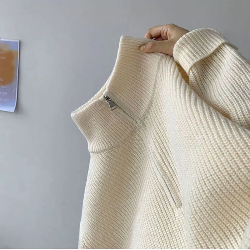 Zipper Turtleneck MEN Knitted Sweatshirt Korean Loose Lazy Style Solid Sweater